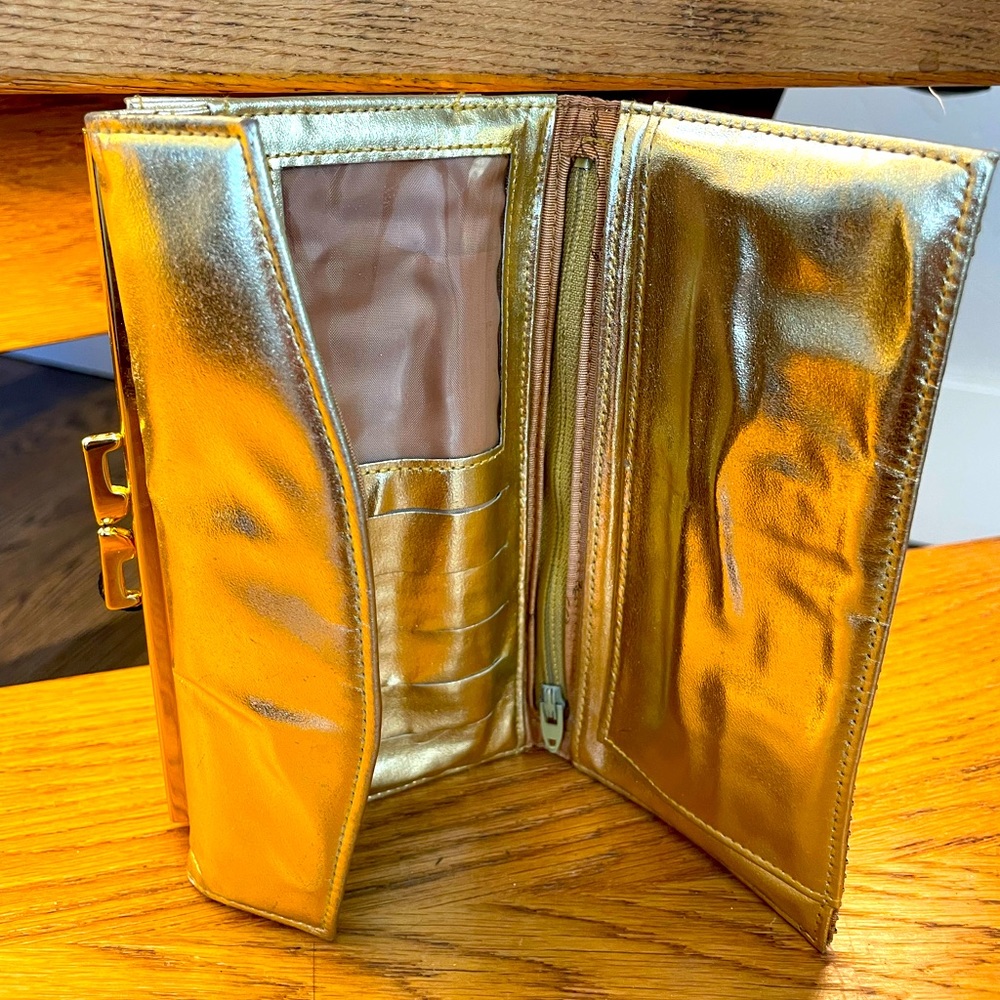 Whiting and Davis vintage gold clutch, with tags